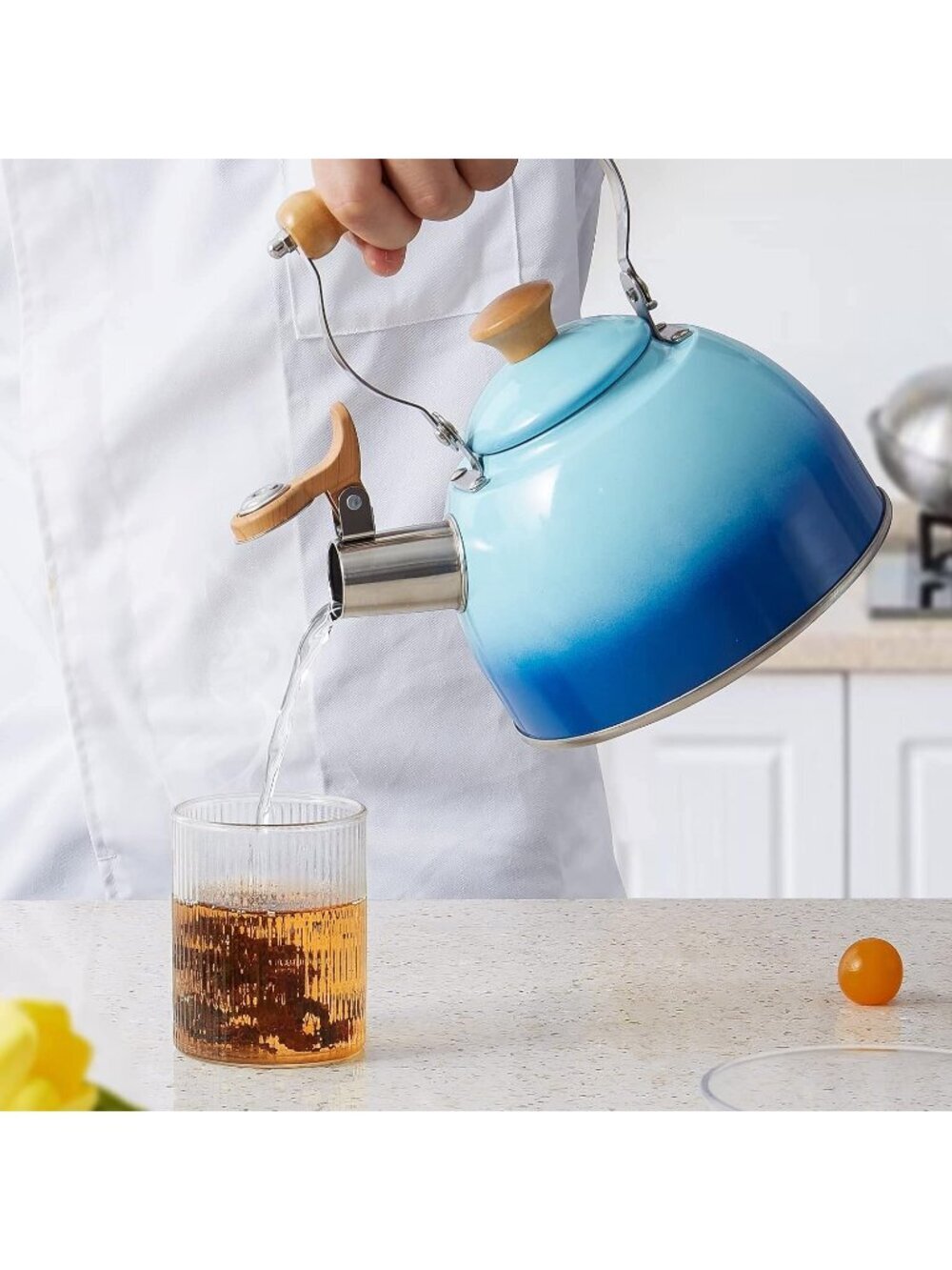 ROCKURWOK 1.6 Quart Blue Whistling Tea Kettle Stainless Steel Stovetop Tea Pot - Picture 6 of 7